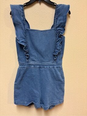 iris Blue Denim-Style Ruffle Strap Romper